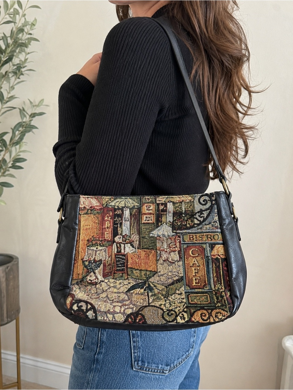 Vintage SAS Made in USA Café Tapestry Shoulder Bag Purse Black Leather Trim